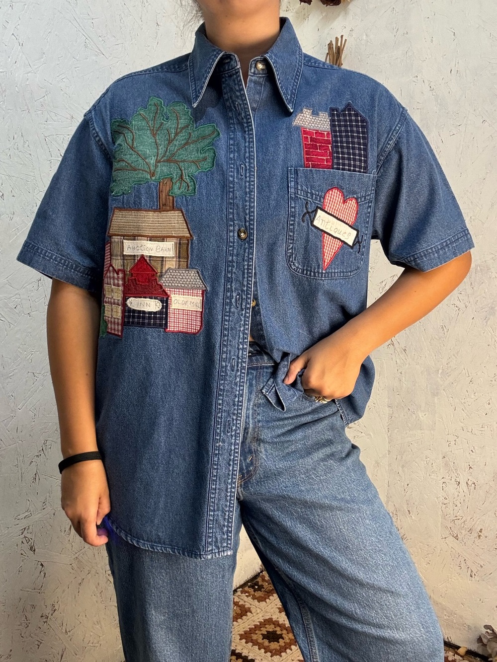 Vintage SunBelt Denim Button Down Patchwork Blue Top Size Large